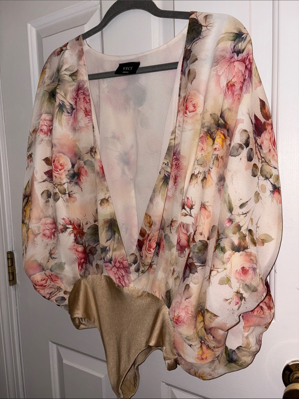 VICI Floral Chiffon Plunge Bodysuit in Blush and Gold